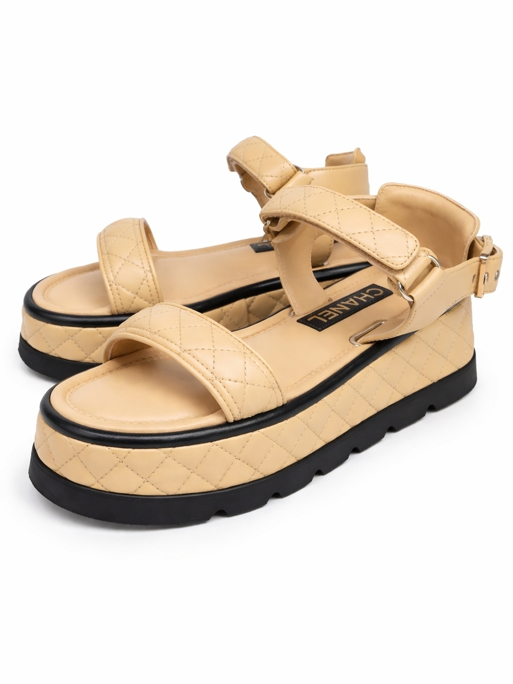 Chanel 22A Quilted Lambskin Platform Sandals - Beige/Black - Size 38C (New)